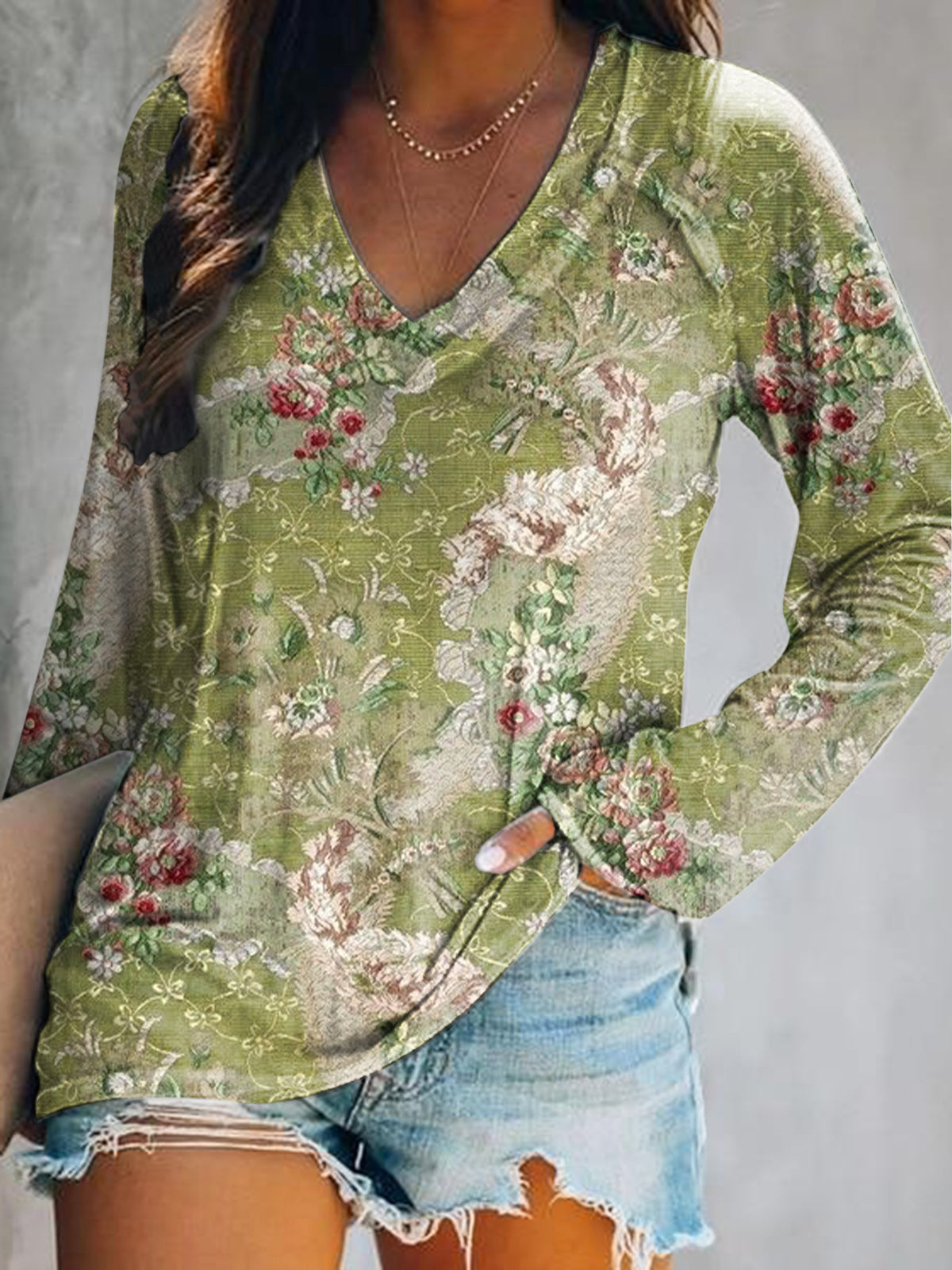 Women's Casual Vintage Floral Art Print V Neck Long Sleeve Tops