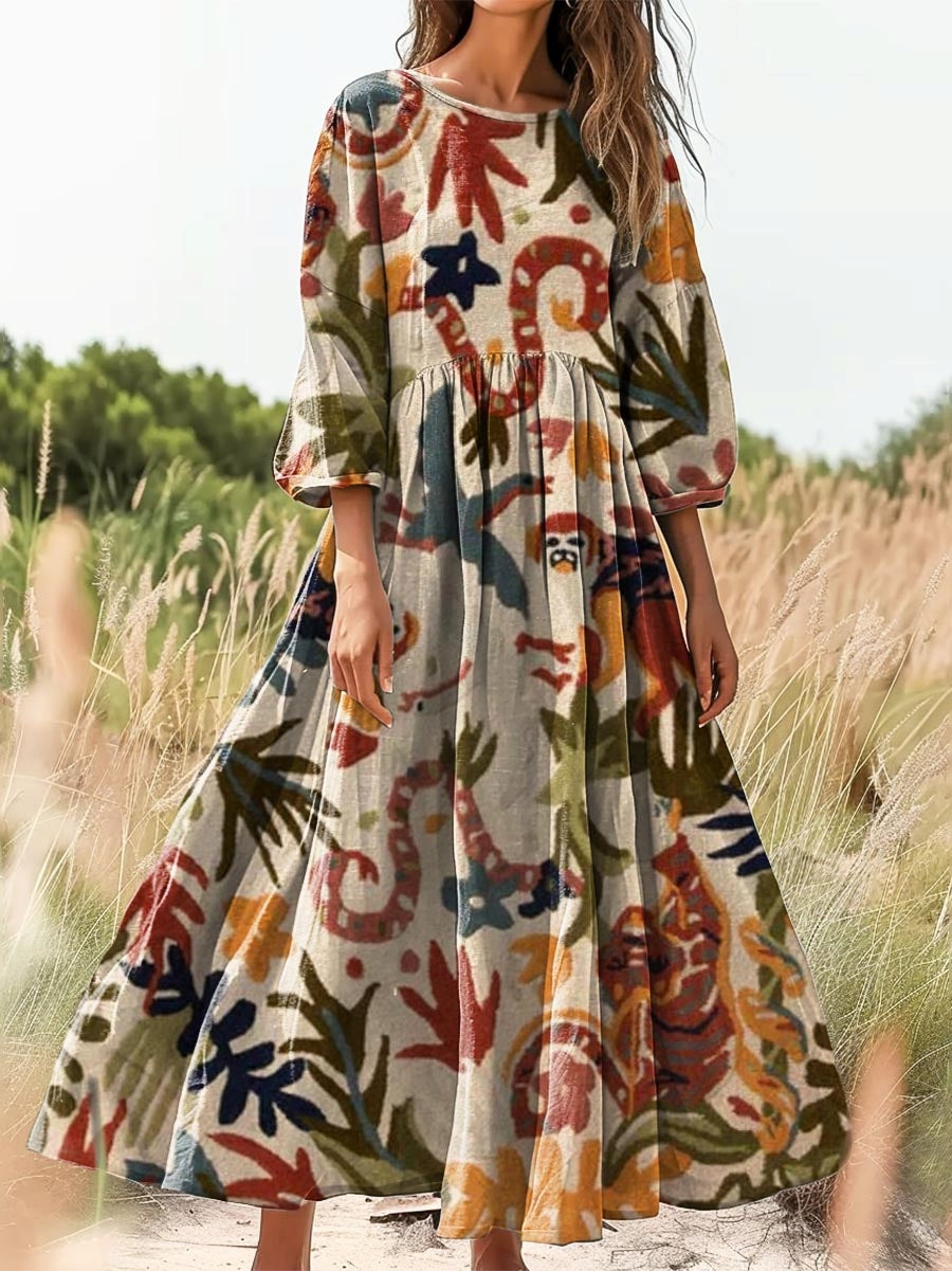 Women's Vintage Ethnic Tropical Art Print Flowy Cotton Crew Neck Dress