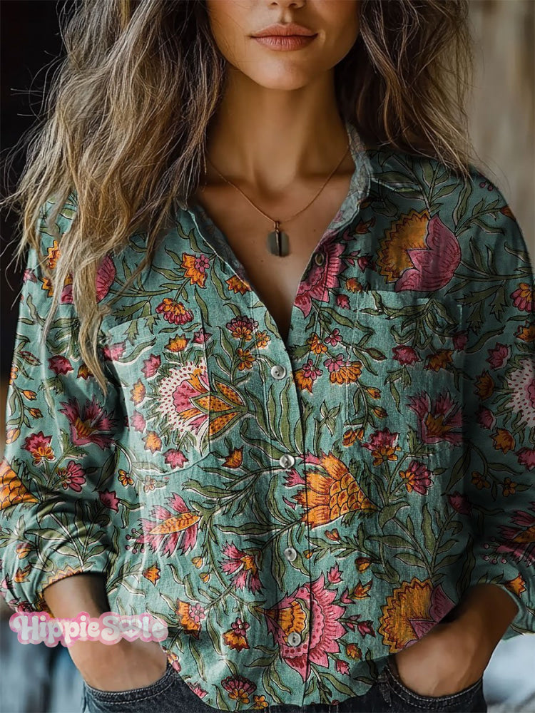 Women's Retro Flowers Print Casual Long Sleeve Comfortable Cotton Shir
