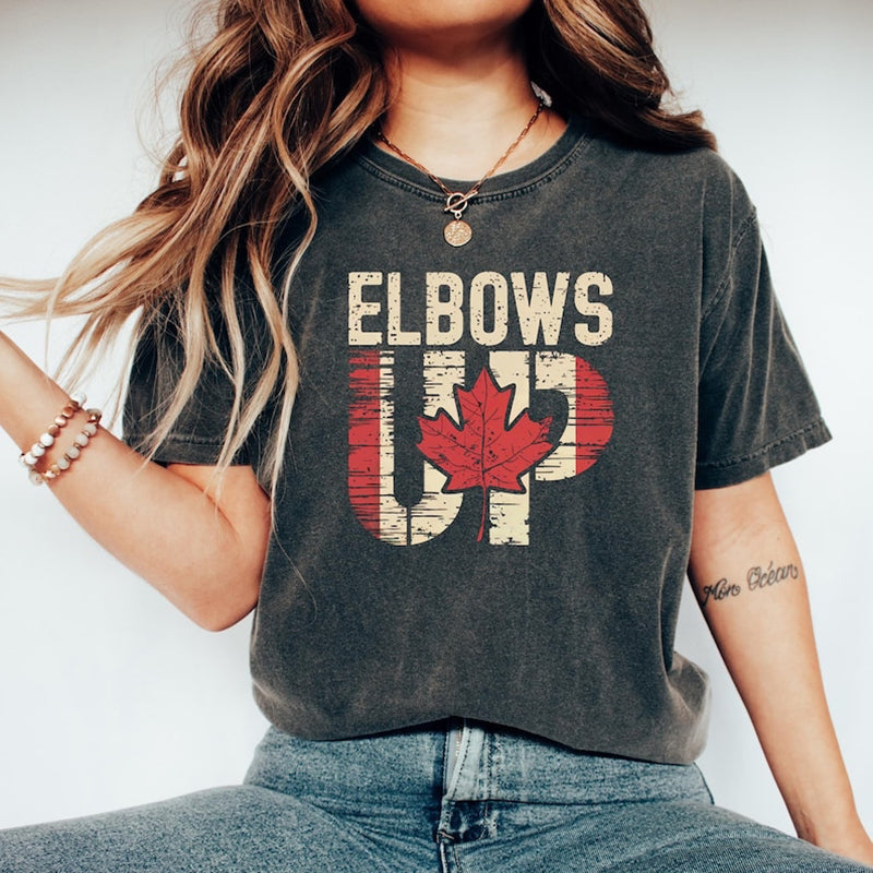 Women’s Retro Canada Elbows Up Print Casual T Shirt elevenforest