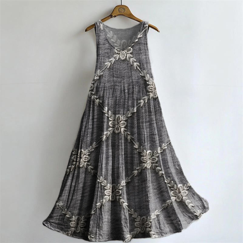 Women's Vintage Ethnic Floral Art Print Crew Neck Sleeveless Cotton Po