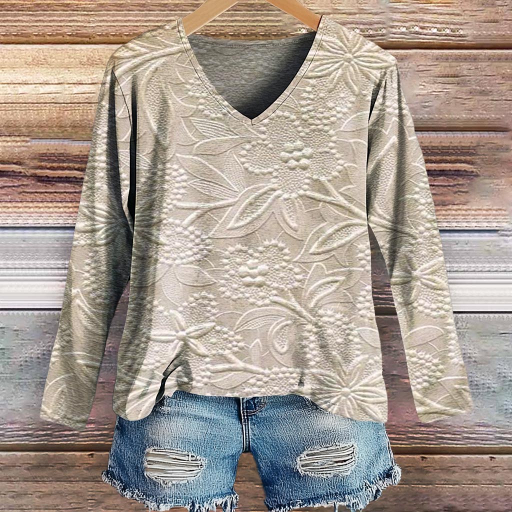 Women's Floral Art Print Casual V-neck Long Sleeve T-shirt