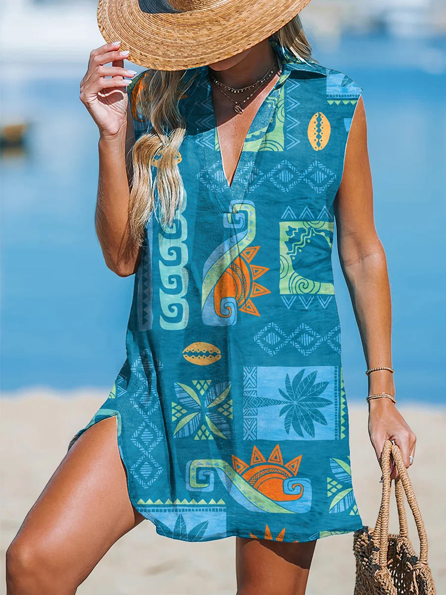 Women's Hawaiian Art Printed Casual V Neck Beach Dress