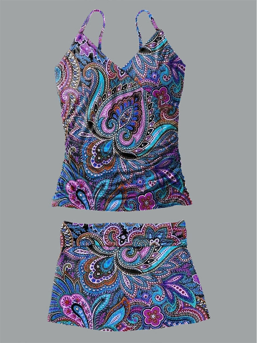 Women's Bohemian Floral Print Suspender Shirred Swimsuit Set