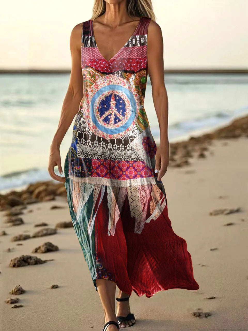 Women's Hippie Pattern Art Print Pocket Cotton Dress