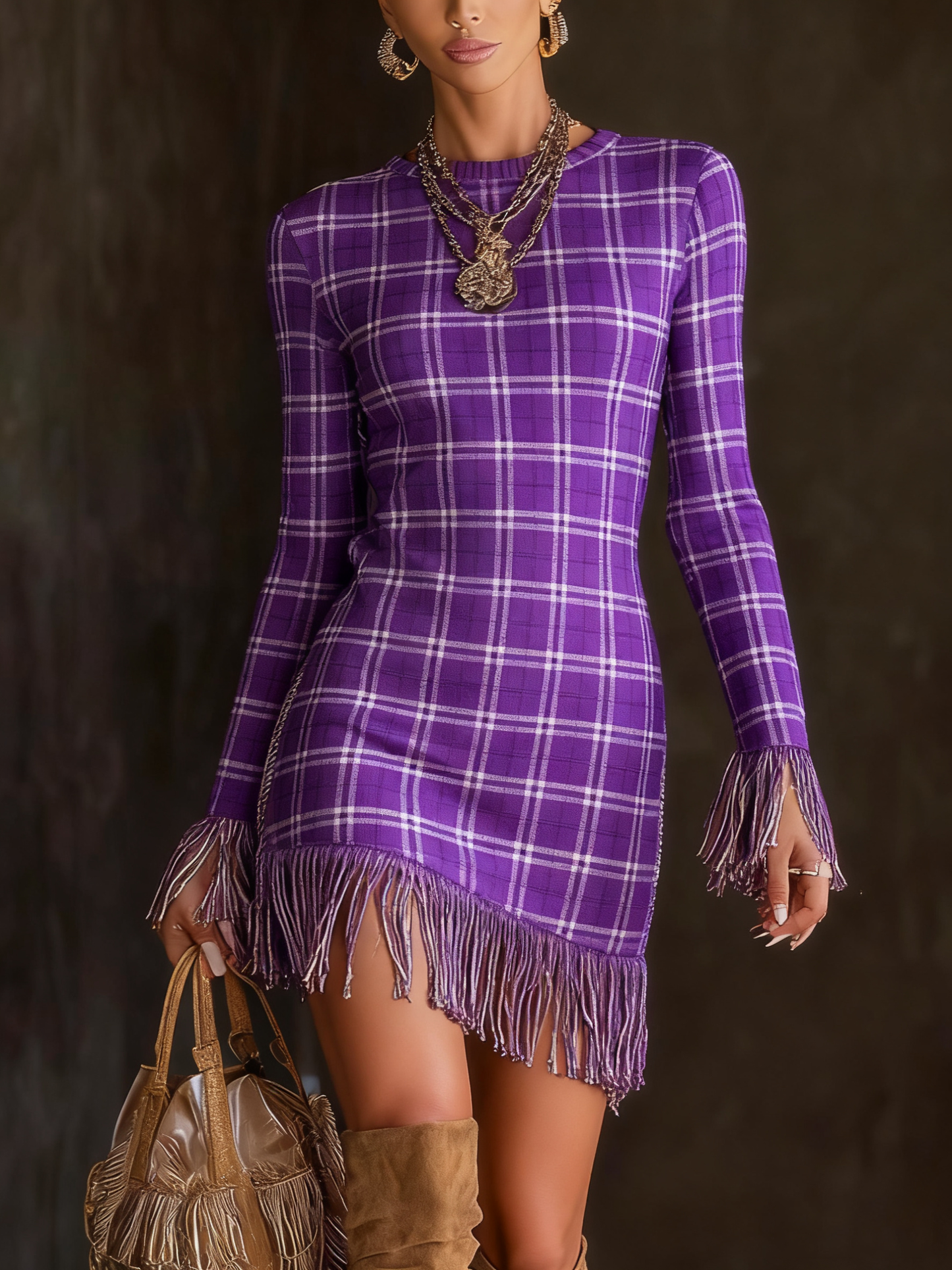 Print Textured Knitted Tassel Long Sleeve Mini Dress