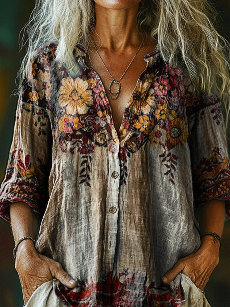 Women's Vintage Ethnic Floral Art Print Casual Cotton Linen Shirt