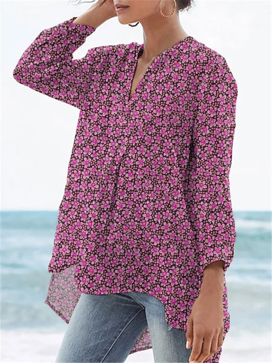 Women's Vintage Lovely Floral Art Print Casual Linen V-neck Shirt