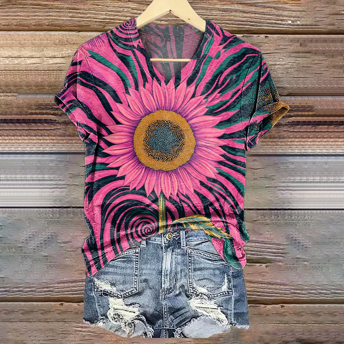 Women's Sunflower Art Print V-Neck Casual T-Shirt