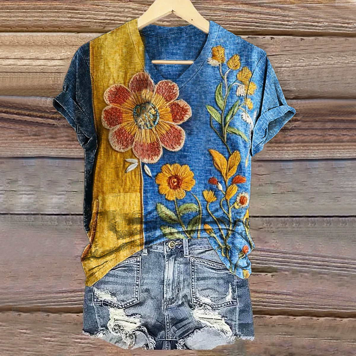 Women's Bohemian Floral Art Print V-neck Casual T-Shirt