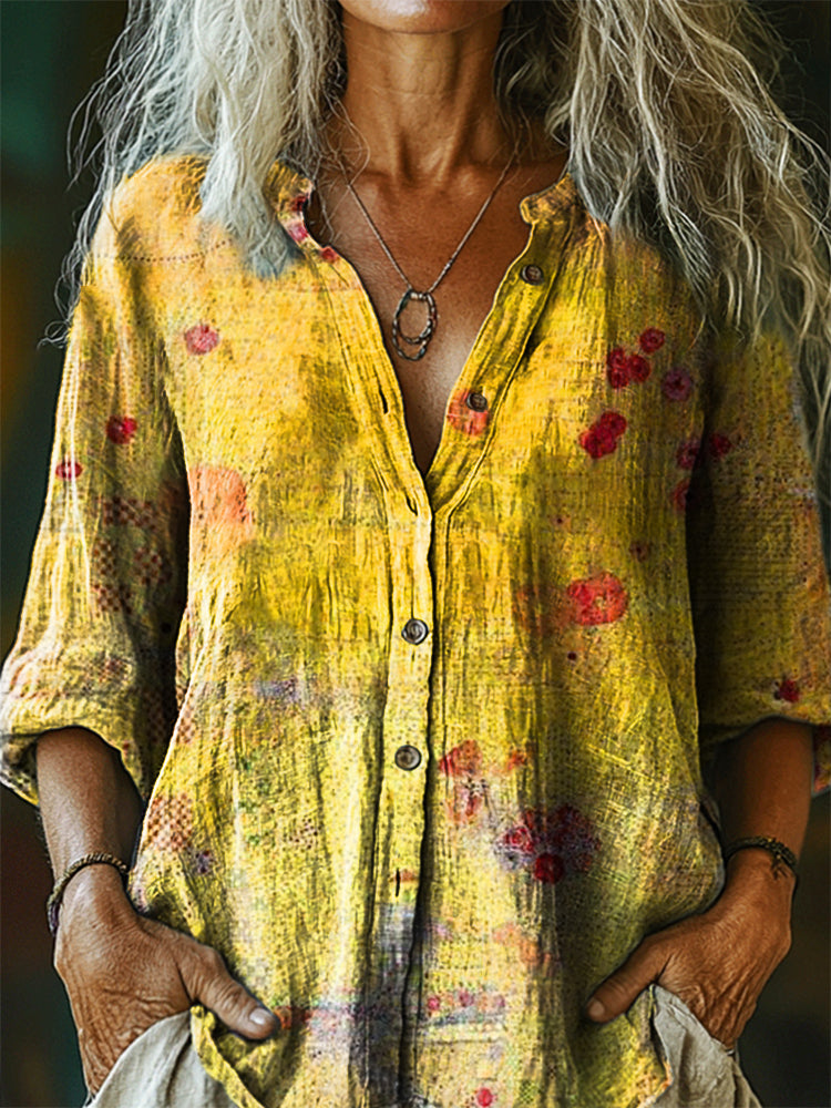 Women's Vintage Floral Art Print Casual Cotton Linen Shirt
