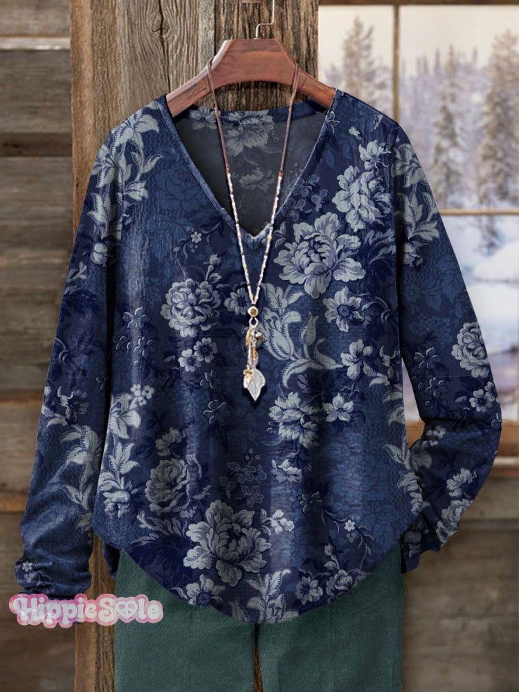 Women's Vintage Floral Art Print Casual V-neck Long Sleeve T-shirt