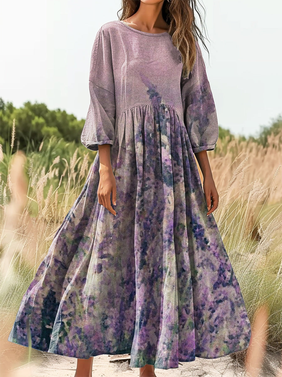Women's Vintage Floral Art Print Flowy Cotton Crew Neck Dress