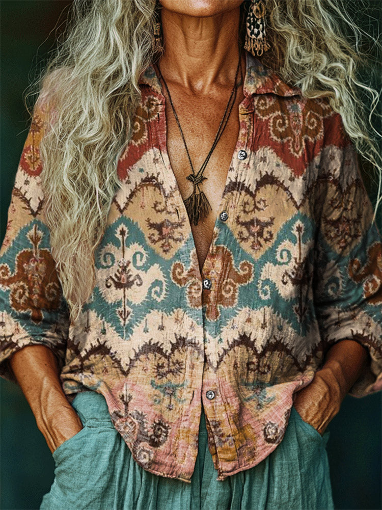 Women's Hippie Art Floral Print V Neck Shirt