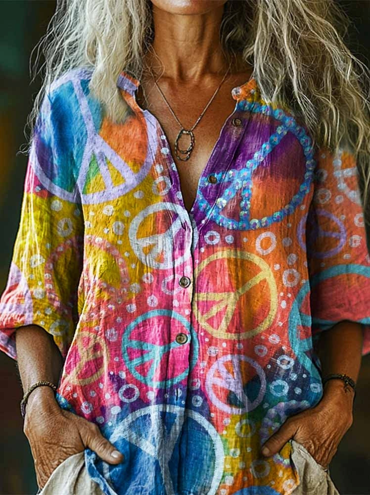 Women's Hippie Peace Gradient Art Pattern Print Casual Cotton Linen Sh