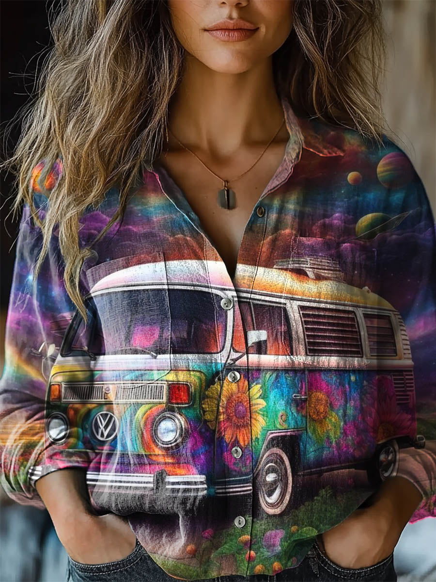Women's Colorful Hippie Van Print Casual Long Sleeve Comfortable Cotto
