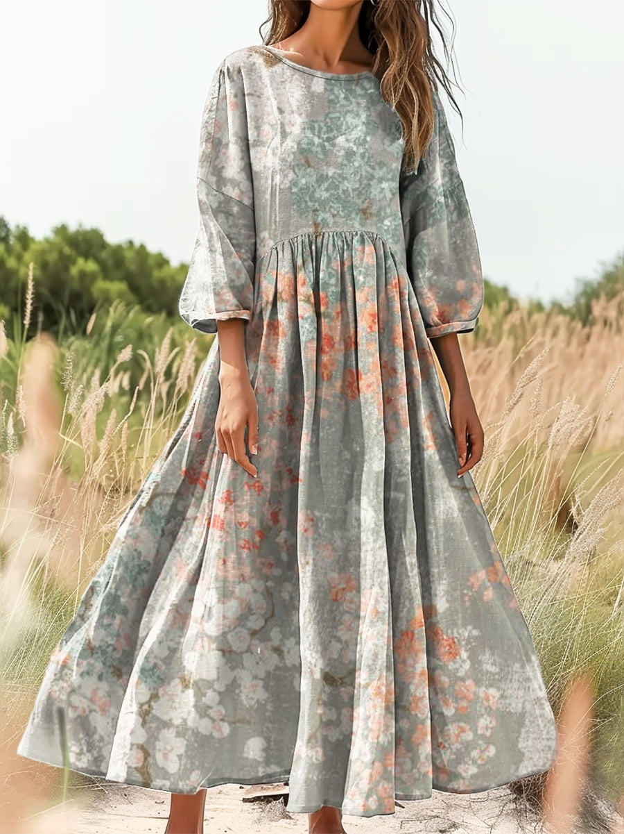 Women's Vintage Ethnic Floral Art Print Flowy Cotton Crew Neck Dress
