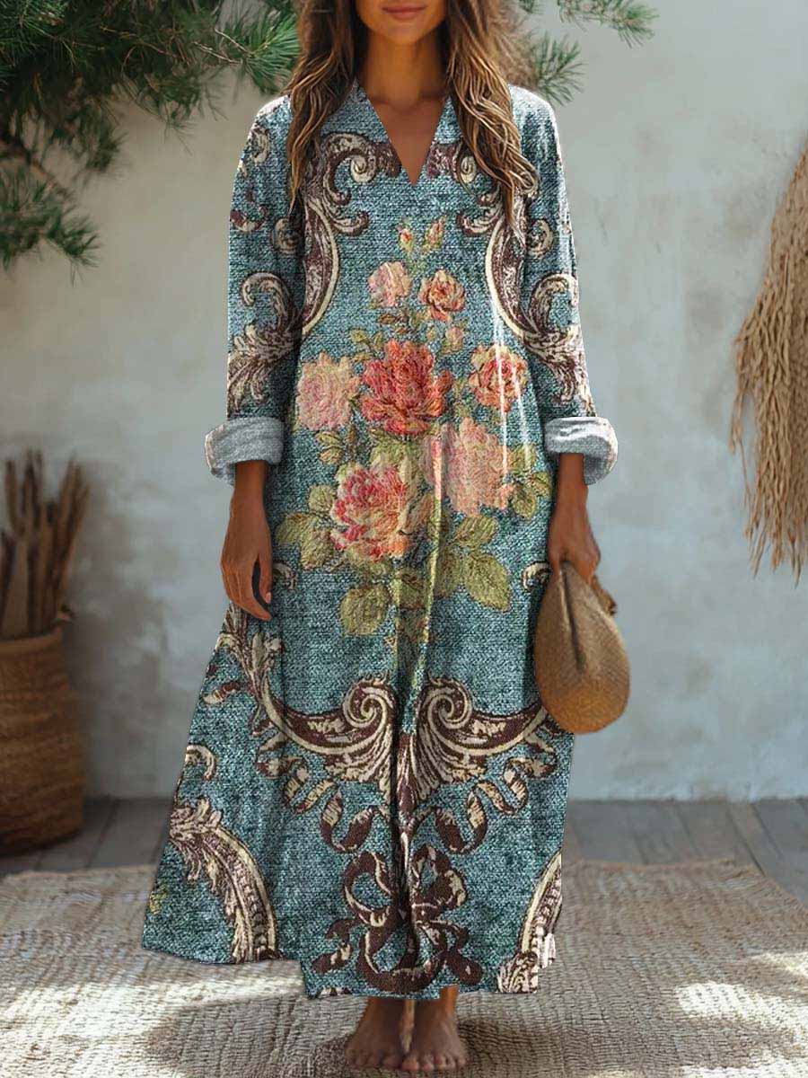 Women'S Vintage Floral Pattern Long-Sleeved Cotton And Linen Dress