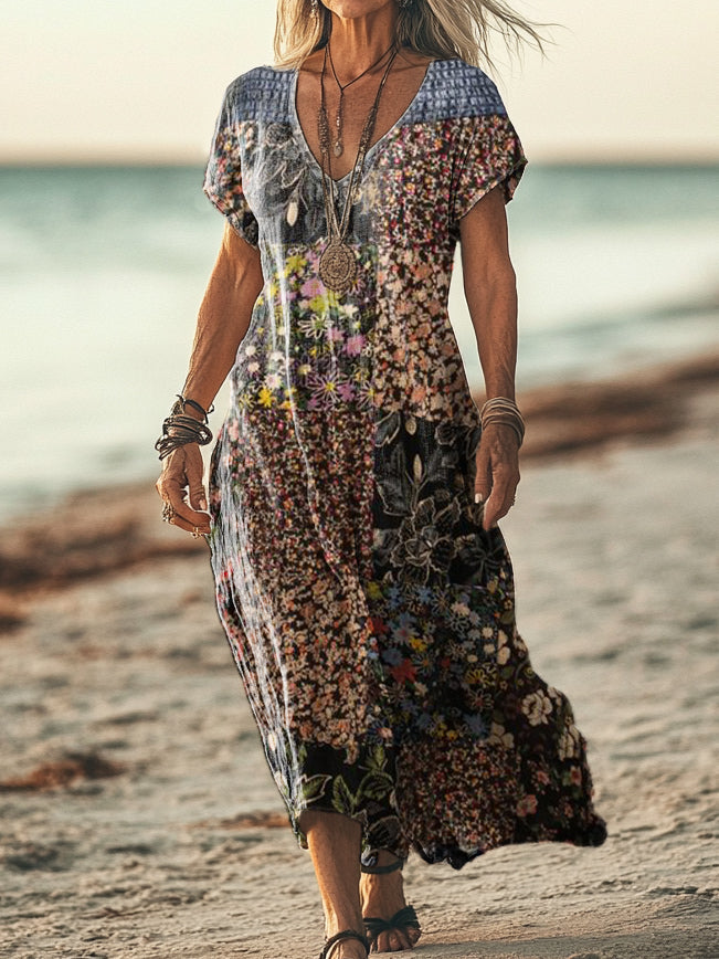 Women's Vintage Floral Art Print Pocket Cotton Dress