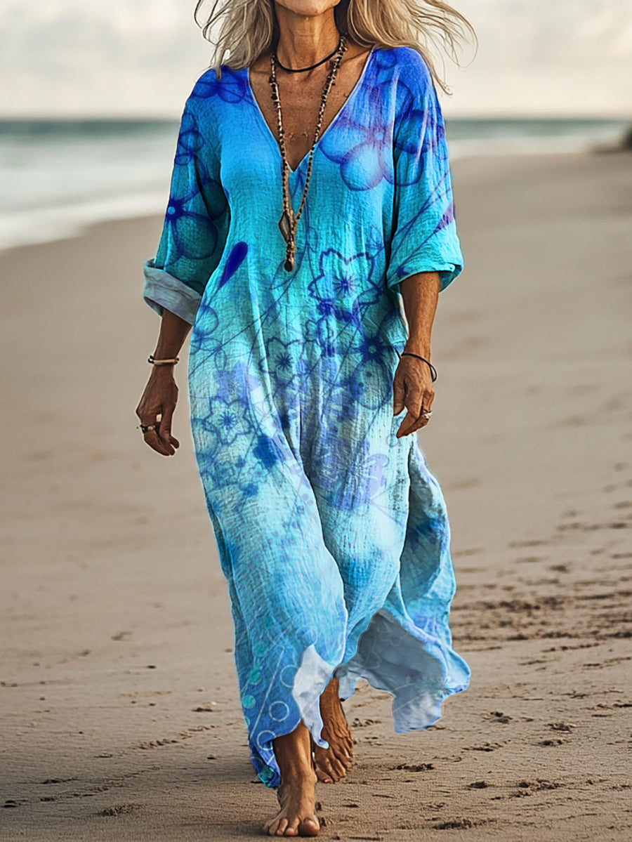Women's Vintage Floral Art Print Pocket Cotton Dress