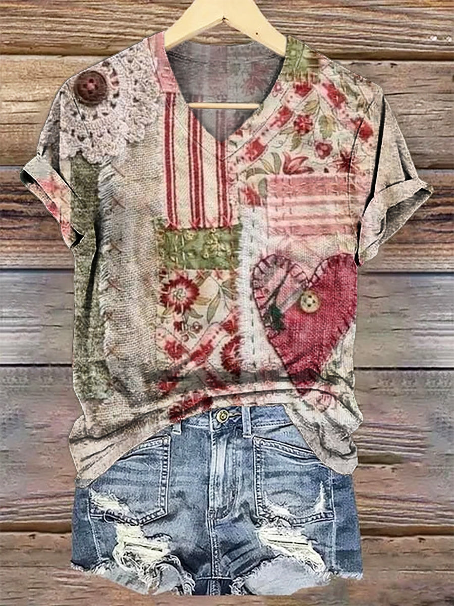 Women's Vintage Heart Texture Art Print V-neck Casual T-Shirt
