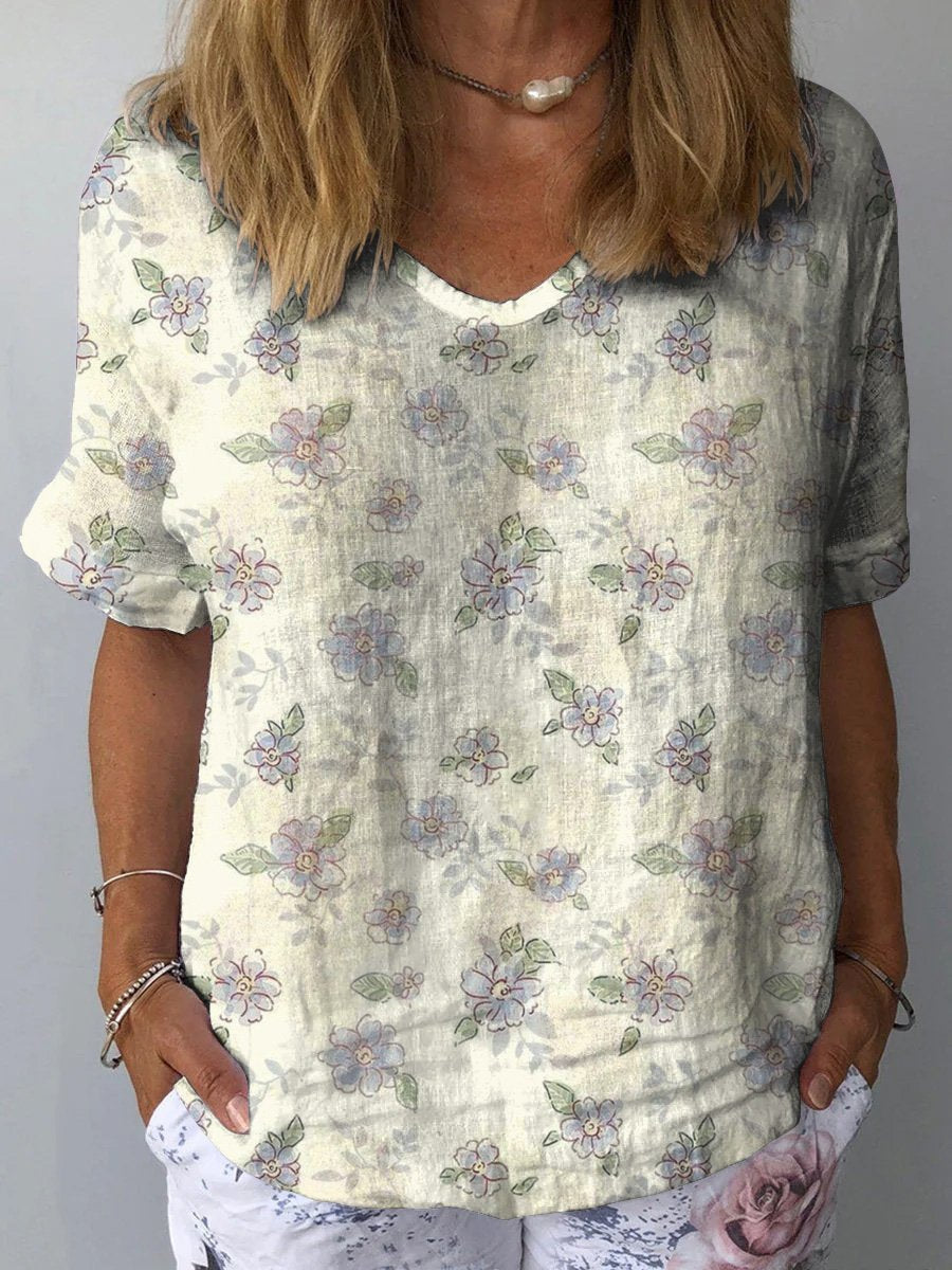 Sweet Pastel Spring Floral Pattern Printed Women's Casual Cotton And Linen Shirt