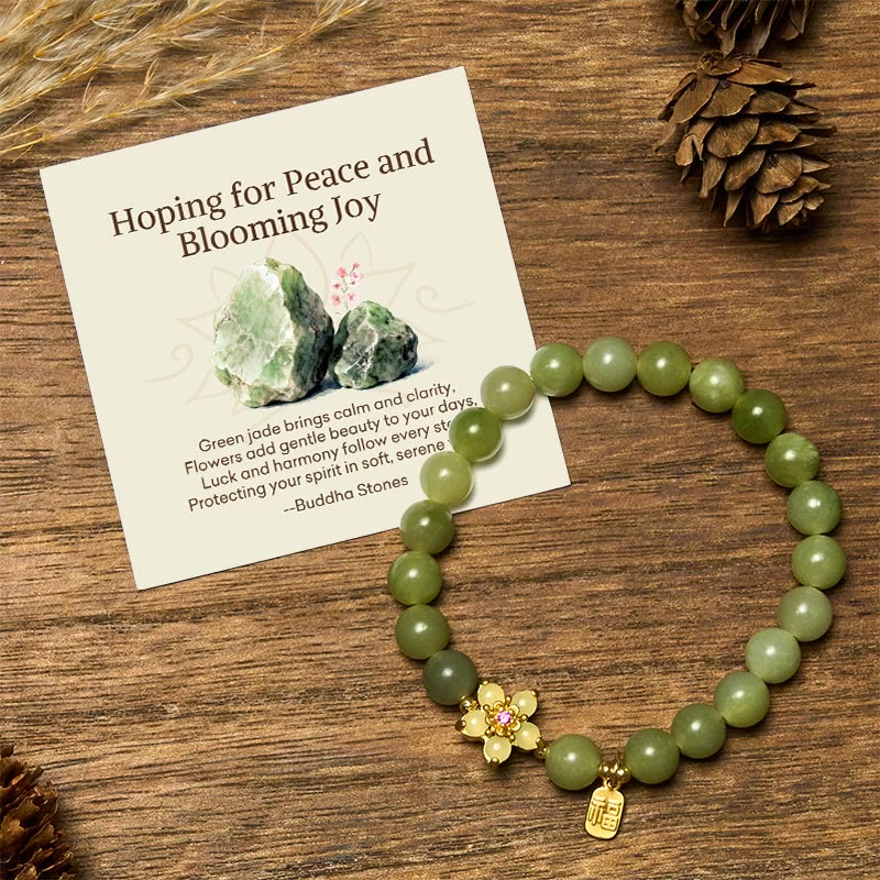 Buddha Stones "hoping for Peace and Blooming Joy" Green Jade Bracelet Includes Gift Message Card