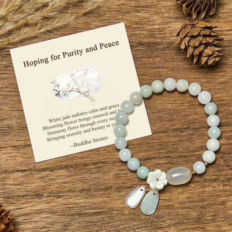 Buddha Stones "hoping for Purity and Peace"natural White Jade Bracelet Includes Gift Message Card