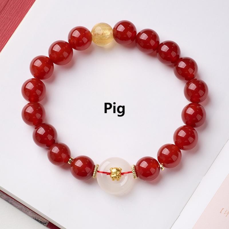 Buddha Stones Chinese Zodiac Year of the Horse Peace Buckle Red Agate White Chalcedony Confidence Bracelet