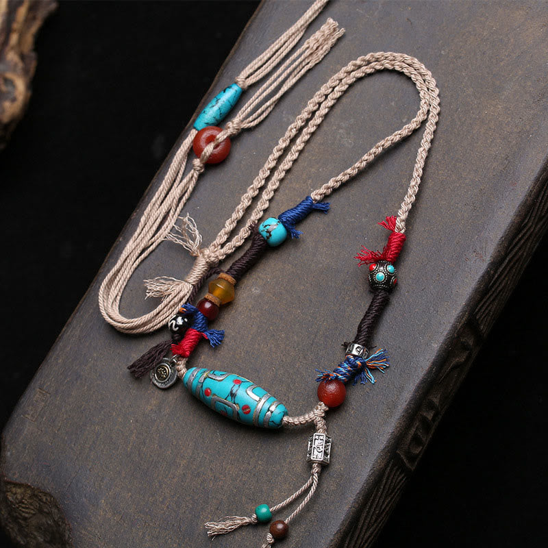 Buddha Stones Copper Turquoise Dzi Bead Luck Necklace Pendants