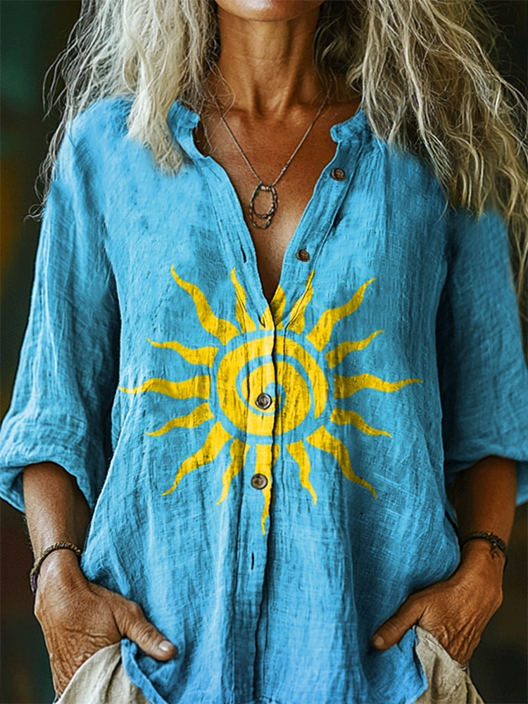 Women's Sunburst Pattern Art Print Linen Cotton Casual Shirt