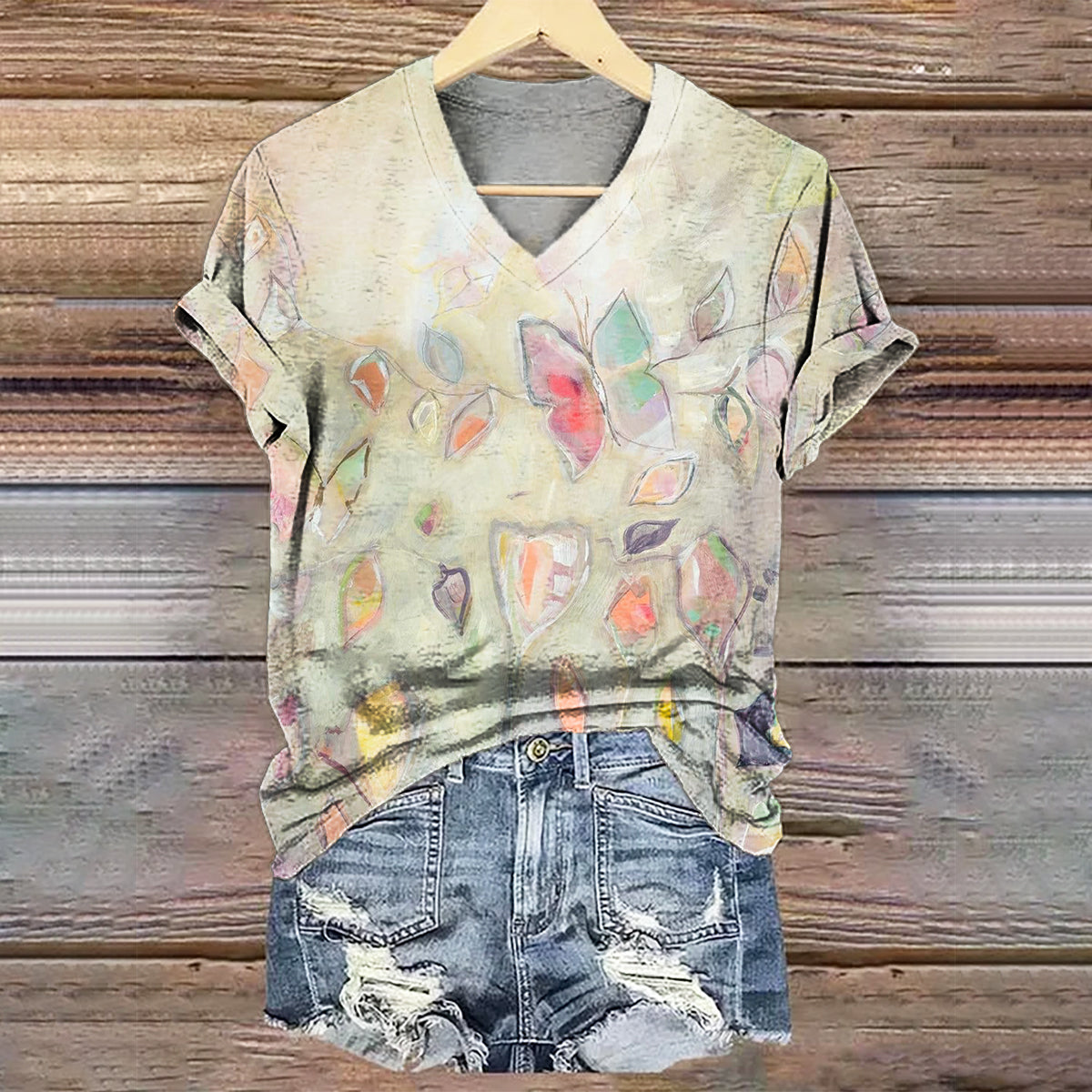 Women's Colorful Botanical Butterfly Art Print V-Neck Casual T-Shirt