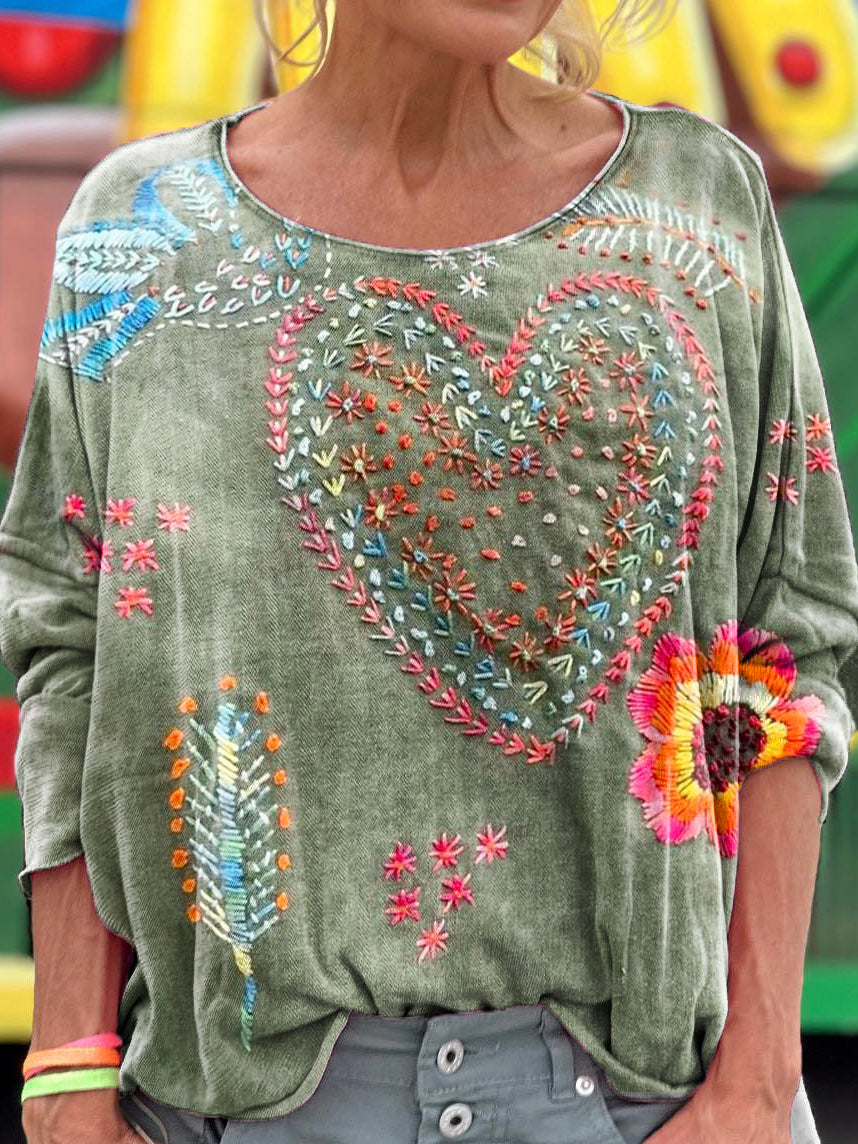 Women's Vintage Bohemian Floral Love Art Print Casual Long Sleeve T-sh