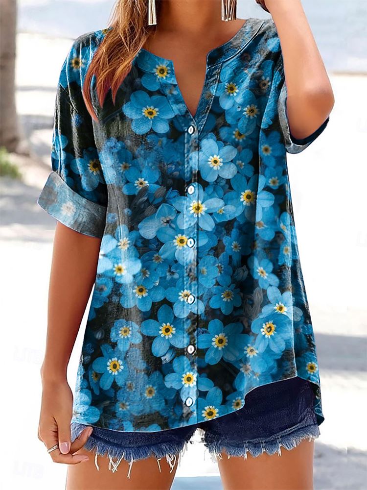 Women's Floral Pattern Art Print Cotton Linen Casual Shirt