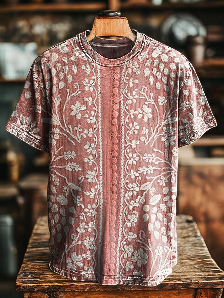Unisex Vintage Ethnic Floral Art Printed Casual Round Neck Short Sleev
