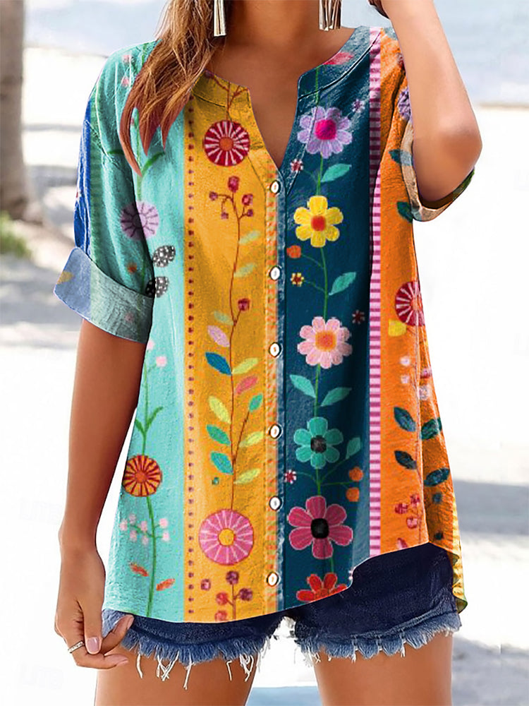 Women's Vintage Floral Art Print Casual Cotton And Linen Shirt