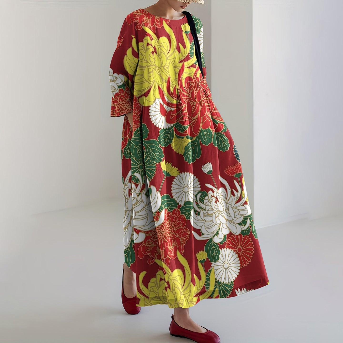 Japanese Art Chrysanthemum Print Crew Neck Casual Midi Dress