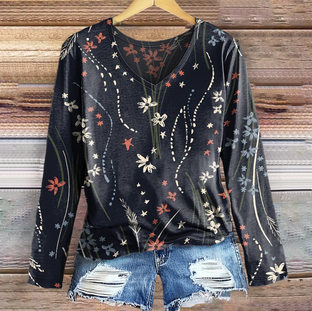Women's Floral Art Print Casual V-neck Long Sleeve T-shirt