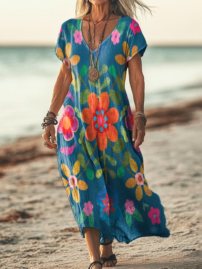 Women's Bohemian Floral Art Print Pocket Cotton Dress