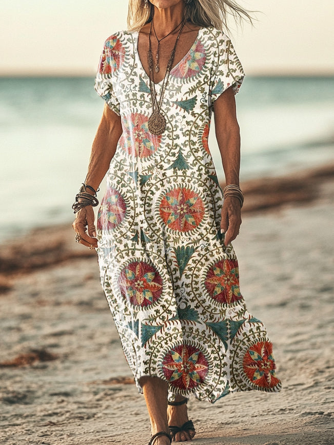 Women's Vintage Ethnic Floral Art Print Pocket Cotton Dress