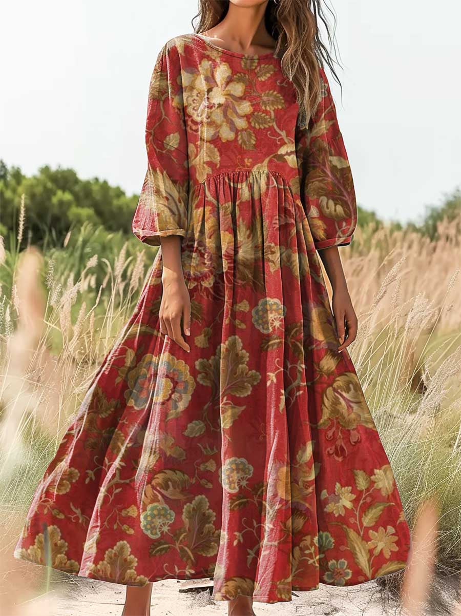 Women's Floral Art Print Cotton Crew Neck Dress