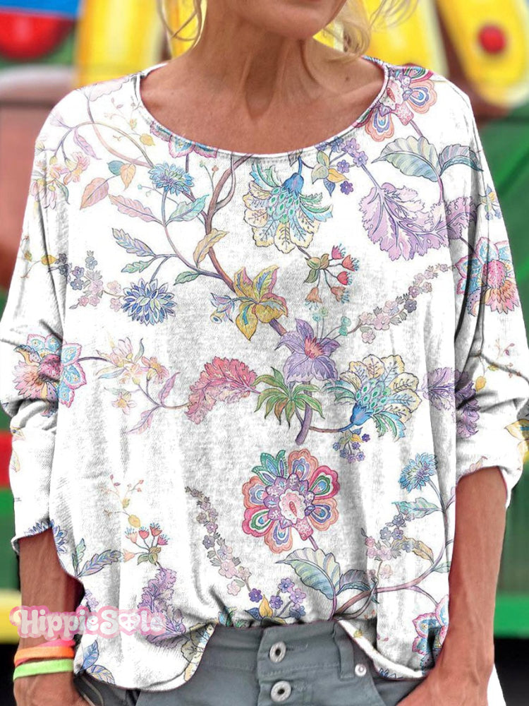 Retro Floral Art Print Casual Long Sleeve T-shirt