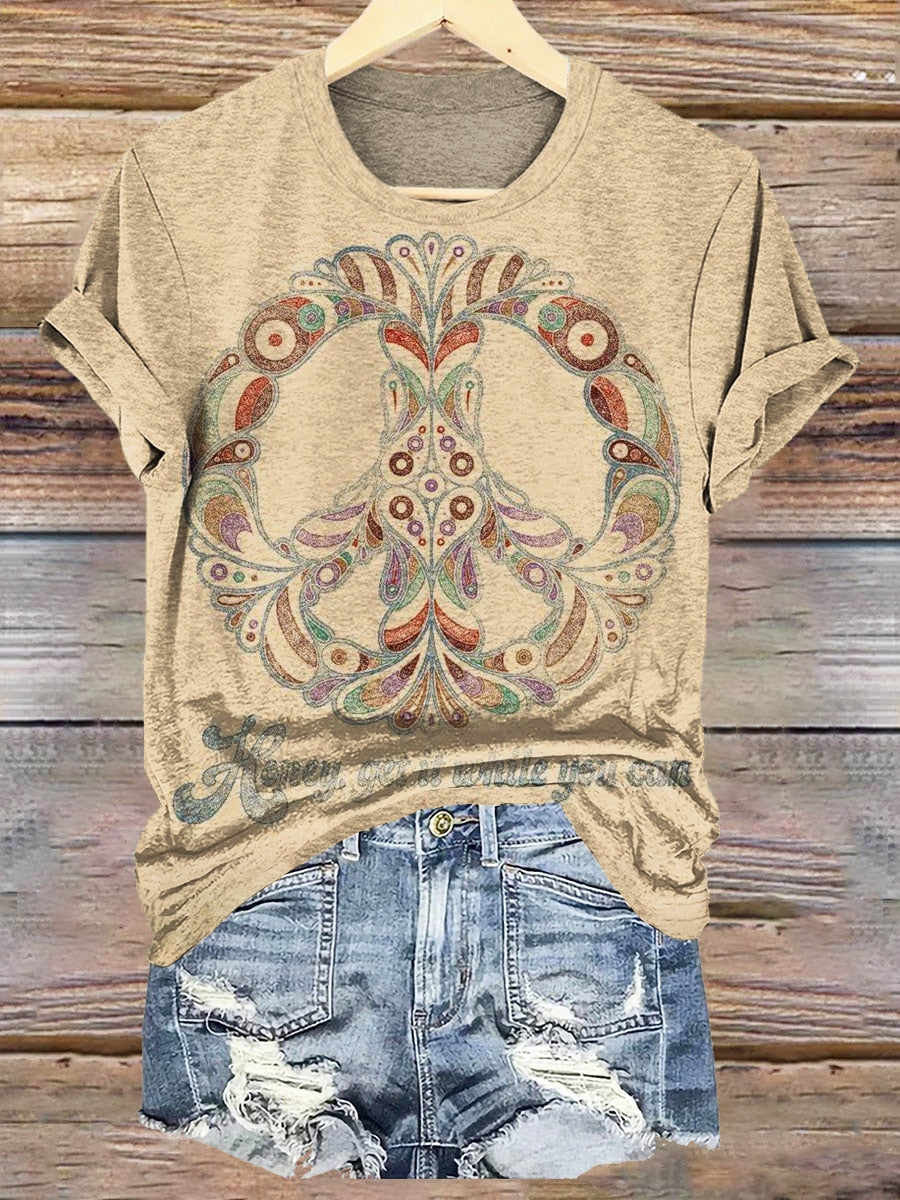 Women's Vintage Peace Sign Art Print Crew Neck T-shirt