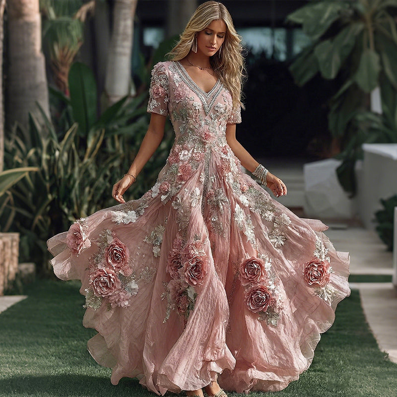 Women's Vacation Rose Floral Print Short Sleeve Dress elevenforest