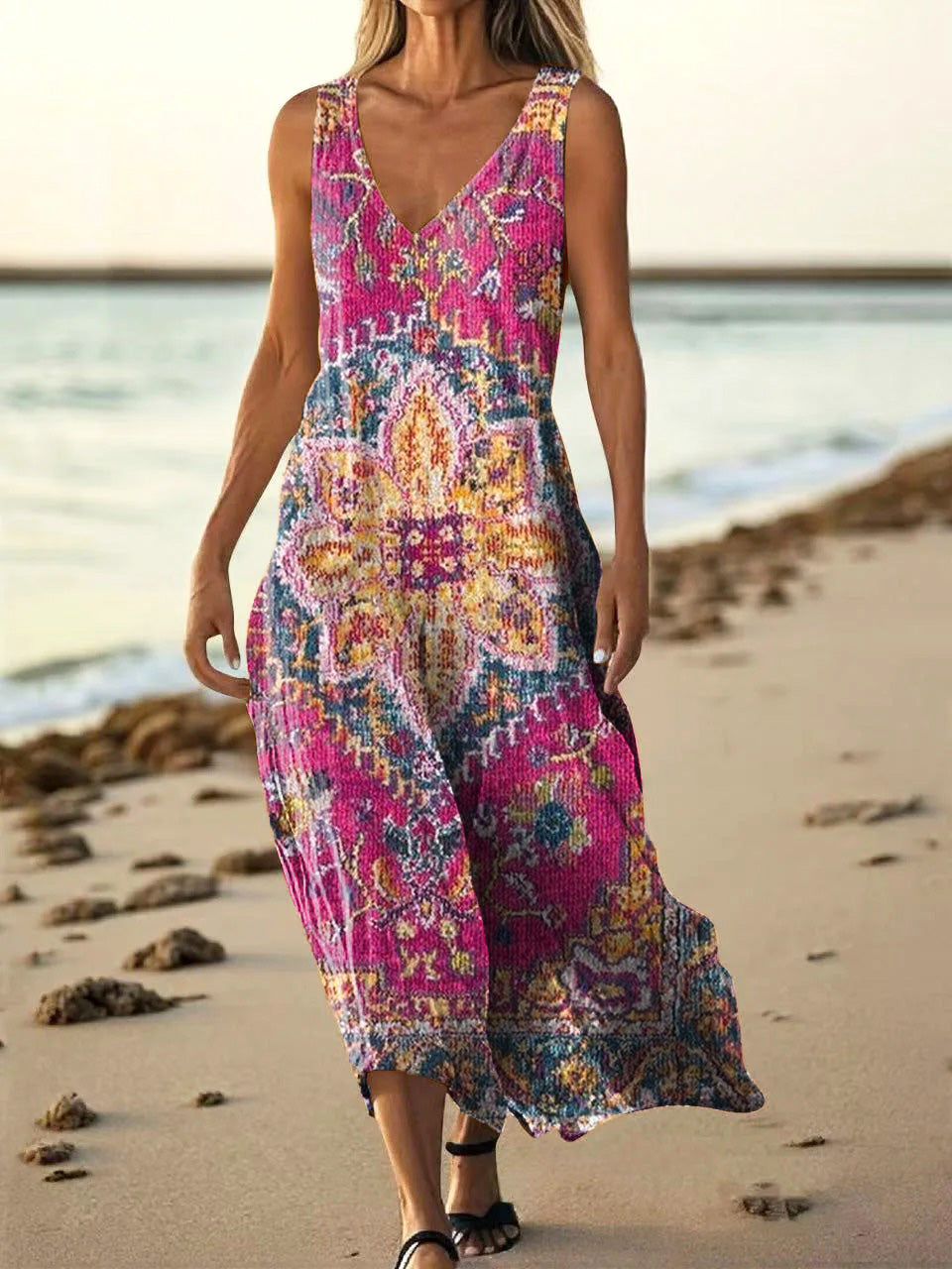 Women's Ethnic Totem Art Print V Neck Sleeveless Pocket Cotton Dress