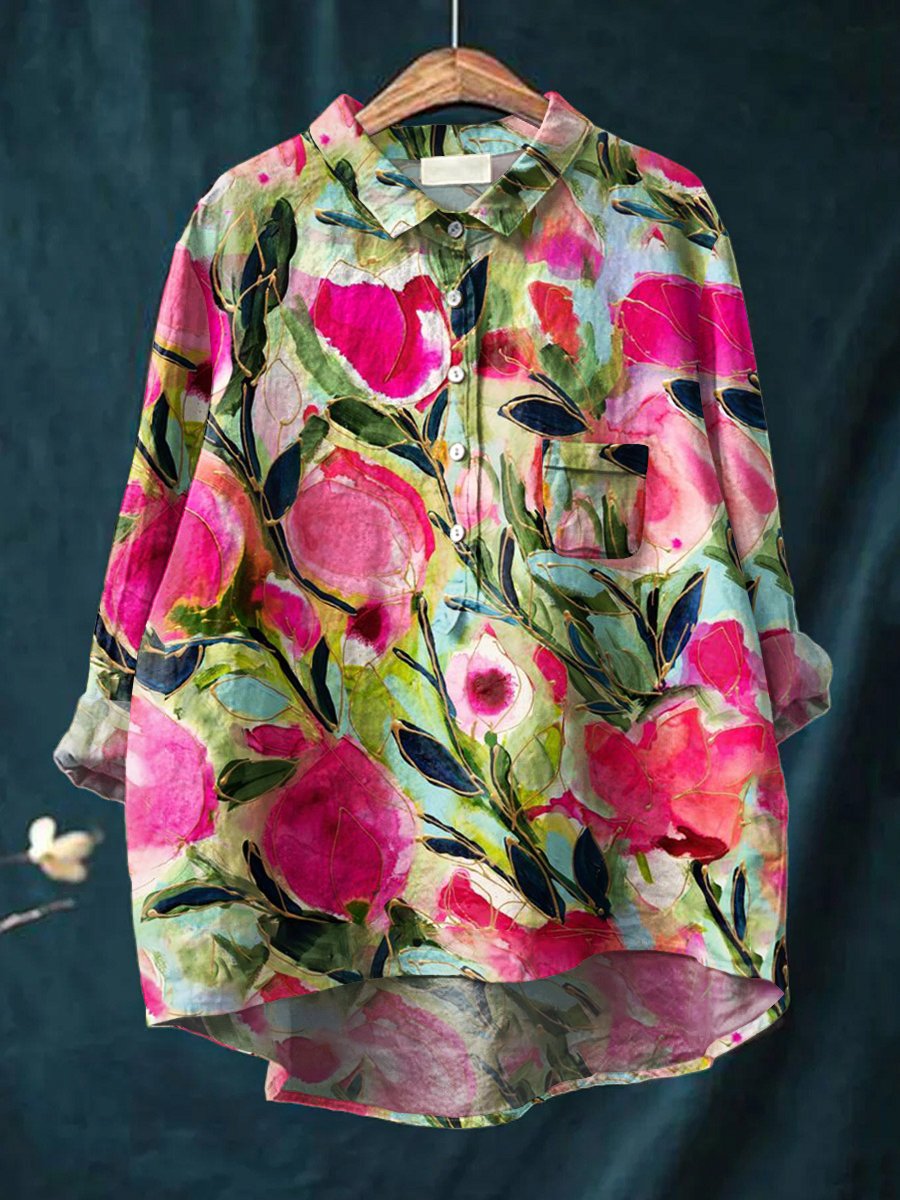 Women's Floral Art Print Casual Cotton And Linen Shirt