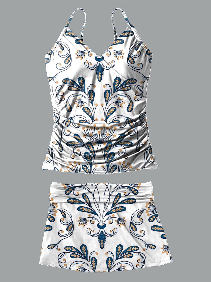 Retro Flower V-Neck Vintage Flowers Print Suspender Skirt Tankini Pantskirt Set Swimsuit