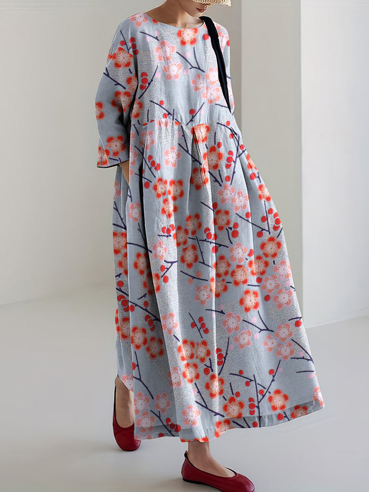 Cherry Blossom Print Round Neck Long Sleeve Casual Midi Dress