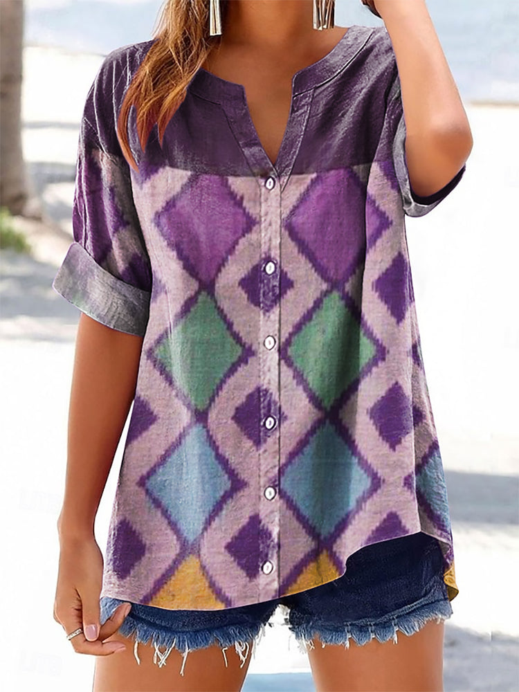 Women's Bohemian Pattern Art Print Casual Cotton And Linen Shirt