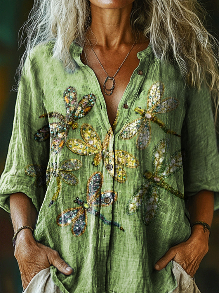 Women's Vintage Dragonfly Art Print Casual Cotton Linen Shirt